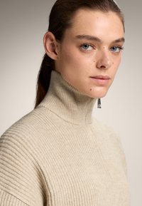 Beige geripptes Rollkragensweater mit weicher Textur, ausgestattet mit einem hohen Kragen und einem nahtlosen Design, das bis zu den Schultern reicht.
