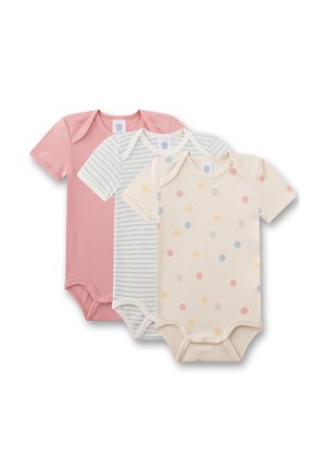 Drei Baby-Strampler mit kurzen Ärmeln: Einer uni rosa, einer weiß mit hellblauen Streifen, einer cremefarben mit pastellfarbenen Punkten.