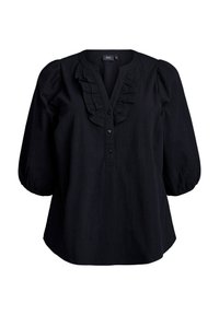 Schwarze Bluse mit einem rüschengeschnittenen tiefen V-Ausschnitt, Knopfverschluss und dreiviertellangen Puffärmeln. Hergestellt aus leichtem Stoff.