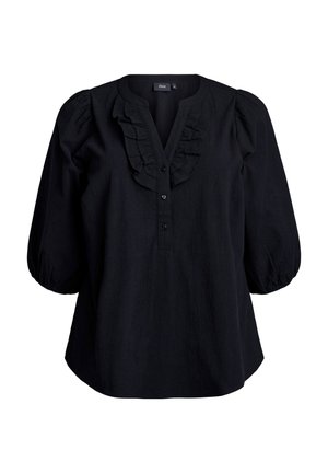 Črna bluzica z nabranim globokim V-izrezom, gumbi in tričetrtinskimi pufastimi rokavi. Narejena iz lahkega materiala.