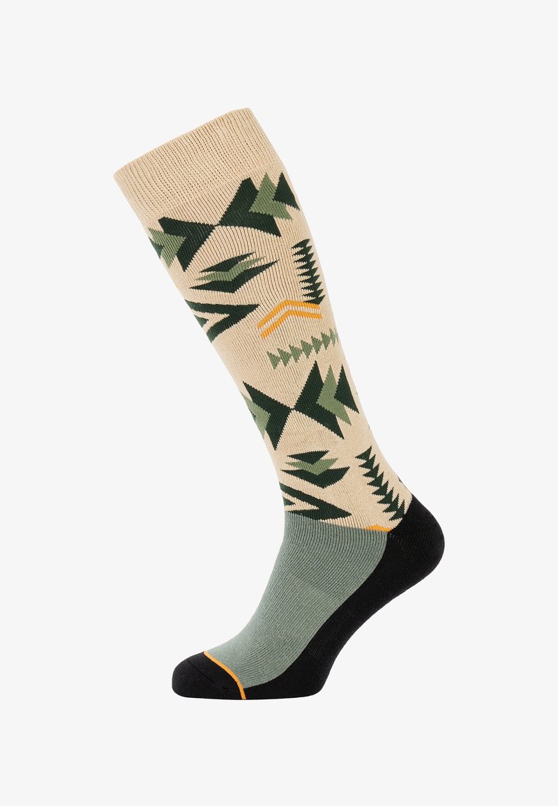 Ponožky po kolená s béžovým základom a zelenými vzormi stromov. Čierna časť na chodidle s oranžovým akcentom na špici. Zmes bavlny.