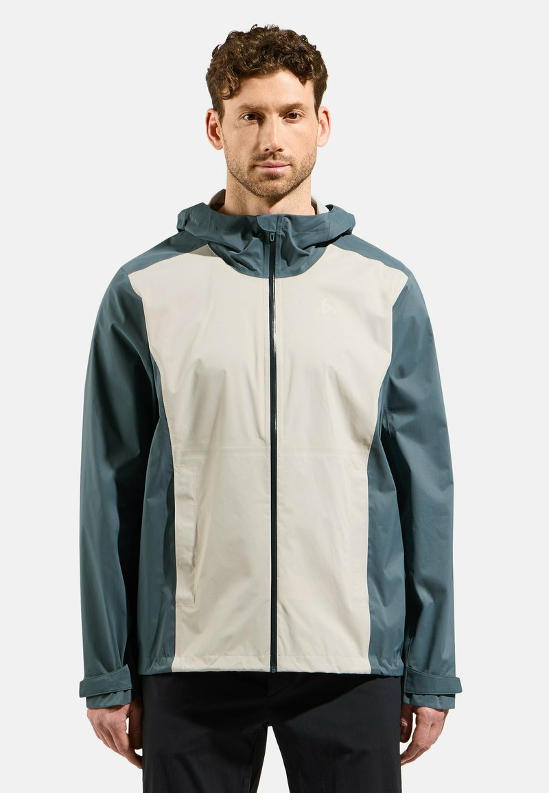 Hooded jacket with a light gray front and dark teal sleeves, featuring a full zip, adjustable cuffs, and a slight sheen to the fabric.