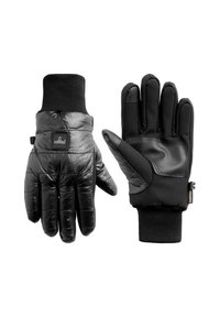 Zwarte geïsoleerde handschoenen met een gequiltde textuur, flexibele stof op de handpalmen, polsbanden en een logopatch. Beschikt over een rubberen grip.