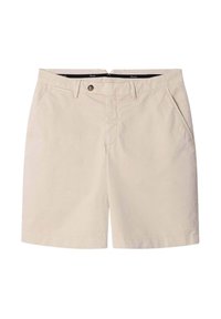 Beige katoenen shorts met een knoopsluiting, twee voorzakken en een rechte zoom. Voorzien van een tailleband met binnenvoering.