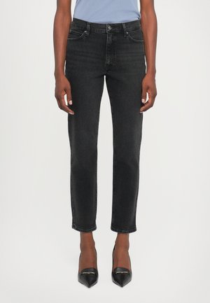 Black high-waisted jeans with a slim fit, featuring five pockets, belt loops, and a slight stretch for comfort. Smooth denim texture.