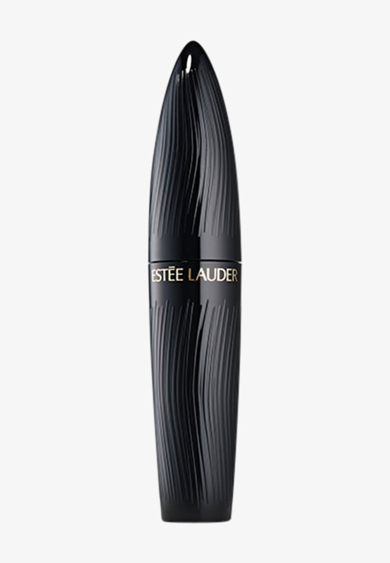 Schwarze, strukturierte Mascara-Tube mit goldfarbenem "ESTÉE LAUDER"-Logo auf dem Mittelband, geformt wie ein eleganter, zulaufender Zylinder.