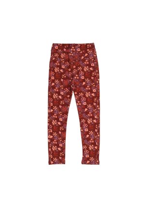 Rote Blumenleggins mit einer Vielzahl kleiner pinker, lilaner und oranger Blumen auf einem tiefroten Hintergrund, mit einem elastischen Bund.