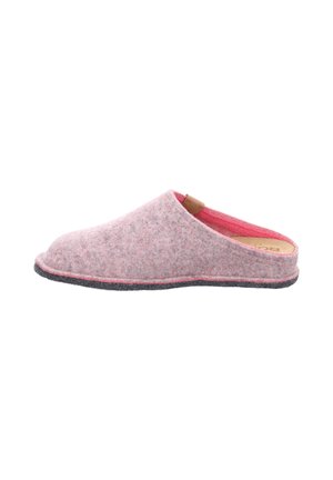 Pink felt slipper with a gray rubber sole, rounded open toe, and a leather accent at the heel. Textured fabric adds detail.