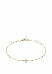 Gouden schakelarmband met een kruisanhanger, versierd met kleine rhinestones, beveiligd met een karabijnsluiting.