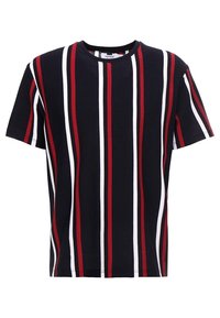 Černé tričko s vertikálními pruhy v červené a bílé barvě. Krátké rukávy, kulatý výstřih a volný střih. Vyrobené z bavlněné látky.