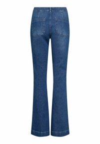 Jeans evazați din denim albastru închis, cu două buzunare la spate, brățăci pentru curea și o cusătură subtilă la tiv pentru detaliu.
