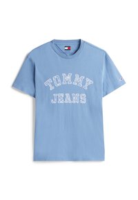 Camiseta de algodón azul claro con mangas cortas y un escote redondo. Presenta el texto "TOMMY JEANS" en blanco en la parte frontal.