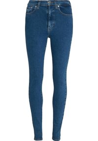 Skinny jeans in donkerblauwe denim, met een hoge taille, vijf-pocket ontwerp, rits en subtiele stikdetails op de naden.