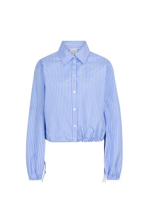 Geknipte button-up shirt in lichtblauw met witte verticale strepen. Bevat een klassieke kraag en een elastische onderkant met verstelbare koorden bij de mouwen.