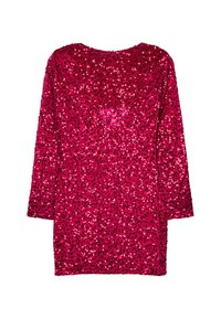 Langärmliges, rotes Kleid mit Pailletten, rundem Ausschnitt und geradem Saum, flach auf einem weißen Hintergrund ausgelegt.