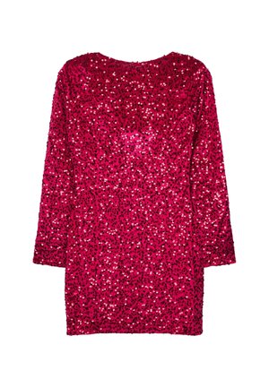 Langärmliges, rotes Kleid mit Pailletten, rundem Ausschnitt und geradem Saum, flach auf einem weißen Hintergrund ausgelegt.