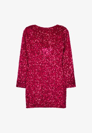 Langärmliges, rotes Kleid mit Pailletten, rundem Ausschnitt und geradem Saum, flach auf einem weißen Hintergrund ausgelegt.