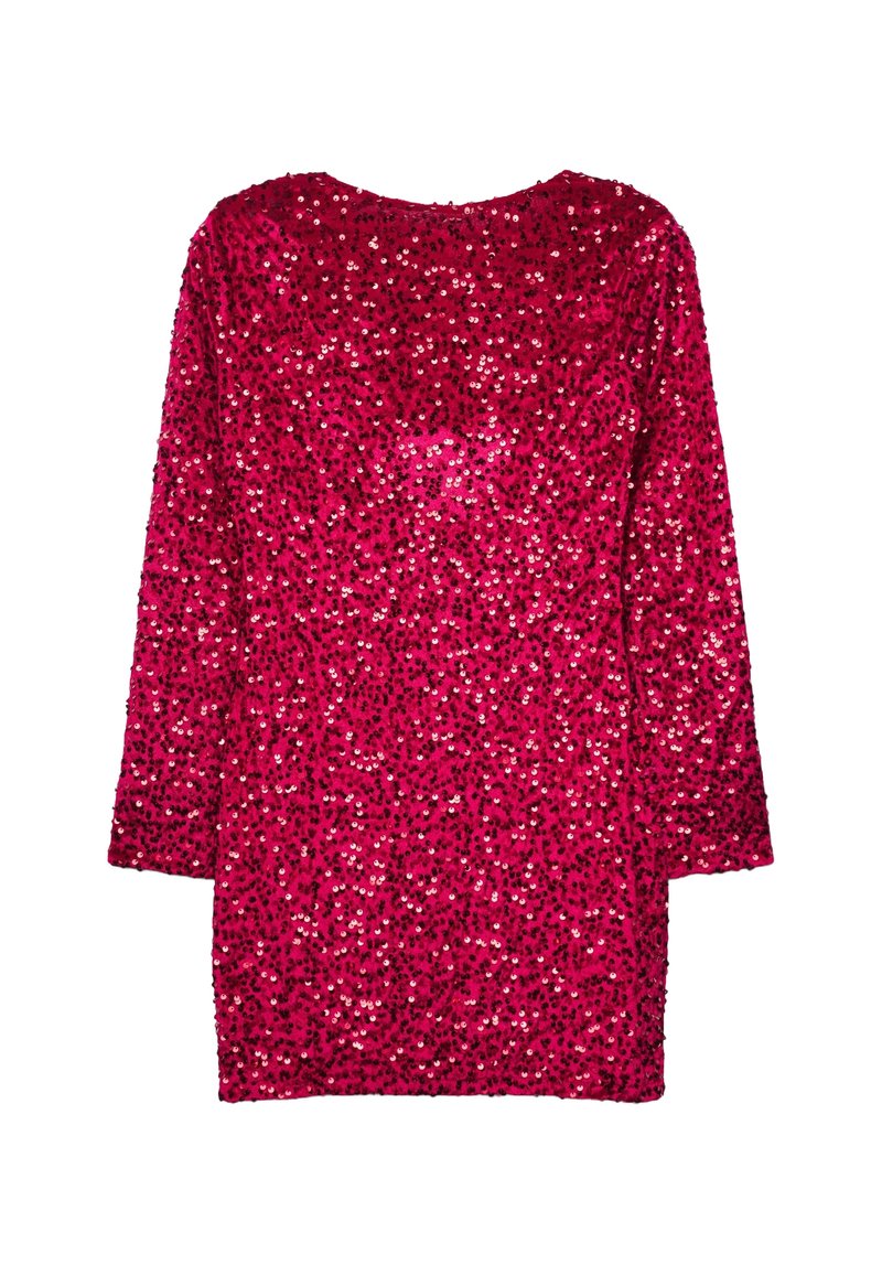 Langärmliges, rotes Kleid mit Pailletten, rundem Ausschnitt und geradem Saum, flach auf einem weißen Hintergrund ausgelegt.