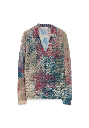 Långärmad skjorta med v-ringning, tillverkad av textil med strukturerad yta och flerfärgade cirkulära mönster i blå, rosa och beige nyanser.