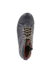 Gray leather ankle boot with beige laces, contrasting brown inner lining, and soft textured upper, featuring decorative stitching and a rounded toe.