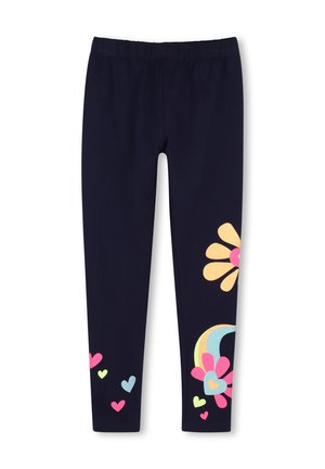 Leggings bleu marine avec taille élastique, décorés de cœurs colorés, d'une grande fleur et d'un arc-en-ciel sur les jambes.