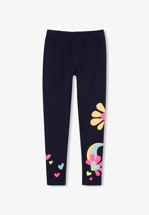 Donkerblauwe leggings met elastische tailleband, versierd met kleurrijke hartjes, een grote bloem en een regenboog op de benen.