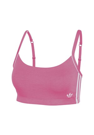 Väriltään vaaleanpunainen urheiluliivi, jossa ohuet olkaimet ja sileä kangas. Sivussa valkoiset raidat ja edessä pieni logo, modernia muotoilua.