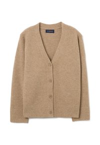 Beige Wollcardigan mit V-Ausschnitt, gerippten Bündchen und Saum. Verfügt über fünf Knöpfe vorne und eine weiche, gebürstete Textur.