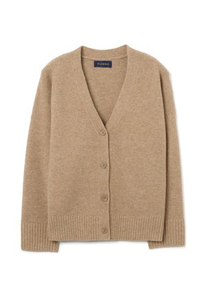 Beige Wollcardigan mit V-Ausschnitt, gerippten Bündchen und Saum. Verfügt über fünf Knöpfe vorne und eine weiche, gebürstete Textur.