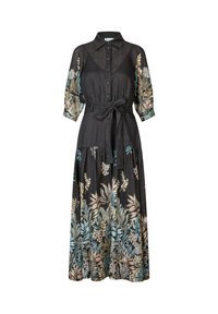 Sort linnedress med kraveudskæring, knaplukning fortil og blomsterbroderi i bløde pastelfarver. Har en bindebånd i taljen og en lagdelt nederdel.