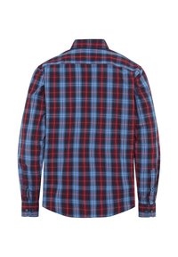 Langärmliges Herrenhemd mit Karomuster in Rot, Blau und Schwarz, mit Button-Down-Kragen und geknöpften Manschetten. Baumwollstoff mit glatter Textur.