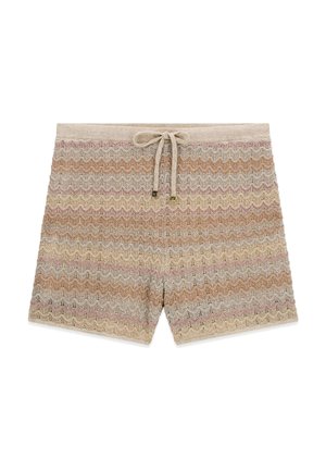 Knit shorts with horizontal zigzag stripes in beige, brown, pink, and gray tones, featuring a drawstring waist with metal tips.