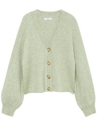 Cardigan en maille côtelée vert clair avec manches longues bouffantes, col en V et quatre grands boutons ronds sur le devant.