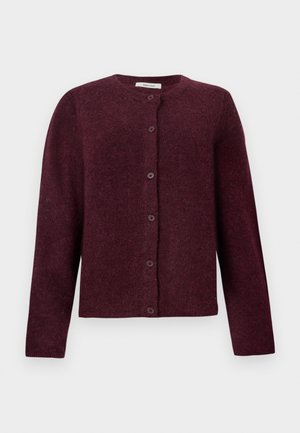 Maroon cardigan made from soft fabric, featuring long sleeves, a round neckline, and six button closures down the front.