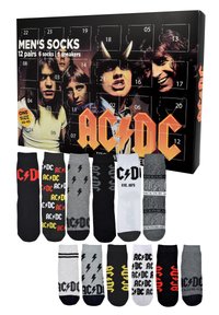 Herren-Socken-Set mit 12 Paaren (6 Socken, 6 Sneaker) in verschiedenen Designs in Schwarz, Grau und Weiß, mit AC/DC-Logos und -Mustern.
