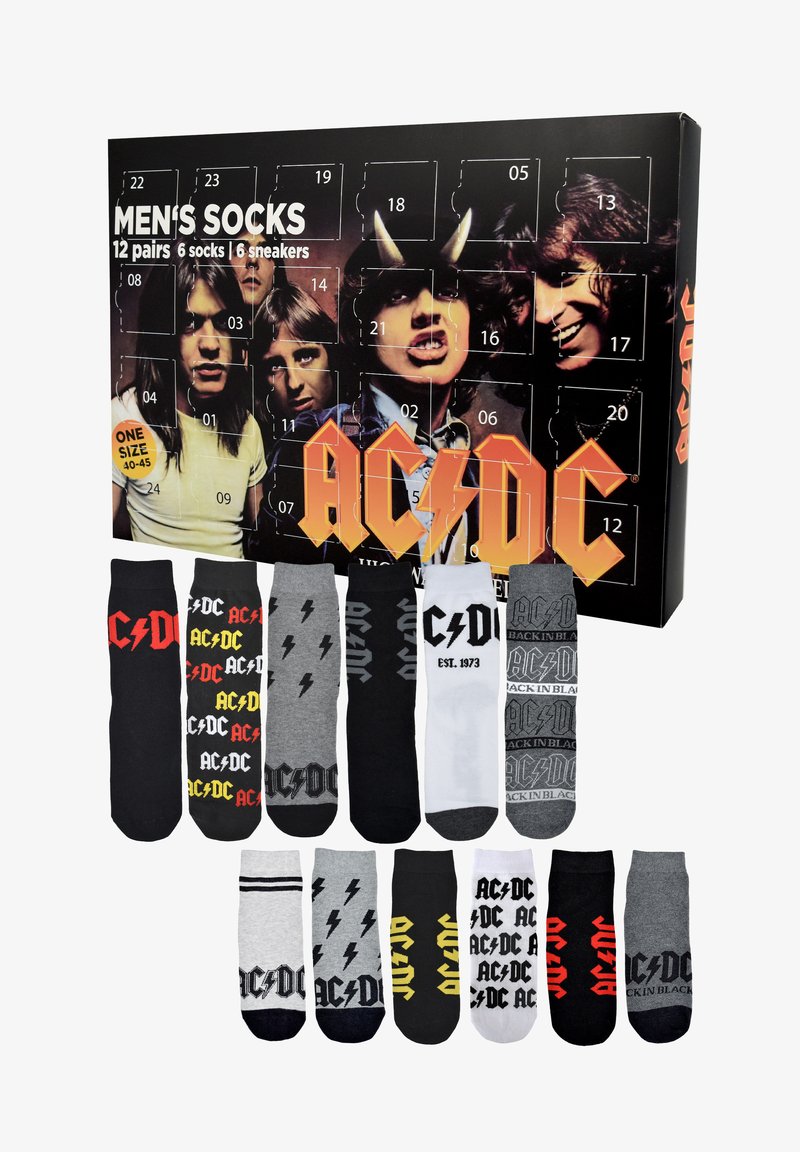 Herren-Socken-Set mit 12 Paaren (6 Socken, 6 Sneaker) in verschiedenen Designs in Schwarz, Grau und Weiß, mit AC/DC-Logos und -Mustern.