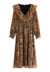 Lange, bruine paisley jurk met een geraffineerde halslijn en lange mouwen. Het patroon bevat zwarte, crèmekleurige en roestkleurige tinten; lichtgewicht, vloeiende stof.