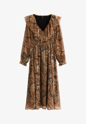 Abito lungo in paisley marrone con scollatura a volant e maniche lunghe. Il motivo presenta colori nero, crema e ruggine; tessuto leggero e fluido.