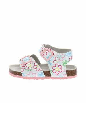Sandalo bianco per bambini con motivi floreali colorati, due cinturini rosa con fibbia, suola in sughero e suola esterna rosa con battistrada.