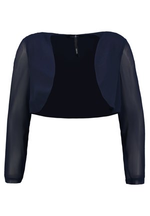 Giacca cropped blu navy con maniche lunghe trasparenti e corpino solido. Presenta un collo rotondo e un design aperto sul davanti. Texture liscia.