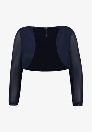 Chaqueta corta navy con mangas largas transparentes y un cuerpo sólido. Cuenta con un escote redondeado y un diseño de frente abierto. Textura suave.