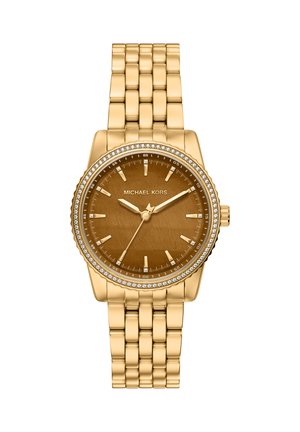 Uhr mit goldfarbenem Gehäuse, rundem Zifferblatt in Braun und krisallverziertem Lünettenring. Verfügt über ein Gliederarmband und schlichte Stundenmarkierungen.