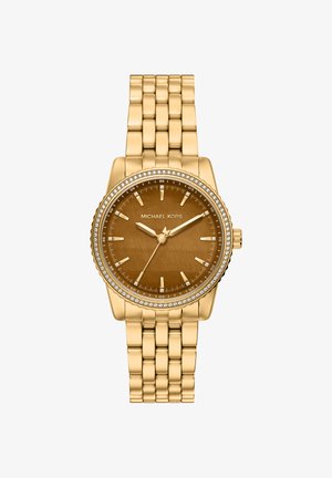 Uhr mit goldfarbenem Gehäuse, rundem Zifferblatt in Braun und krisallverziertem Lünettenring. Verfügt über ein Gliederarmband und schlichte Stundenmarkierungen.