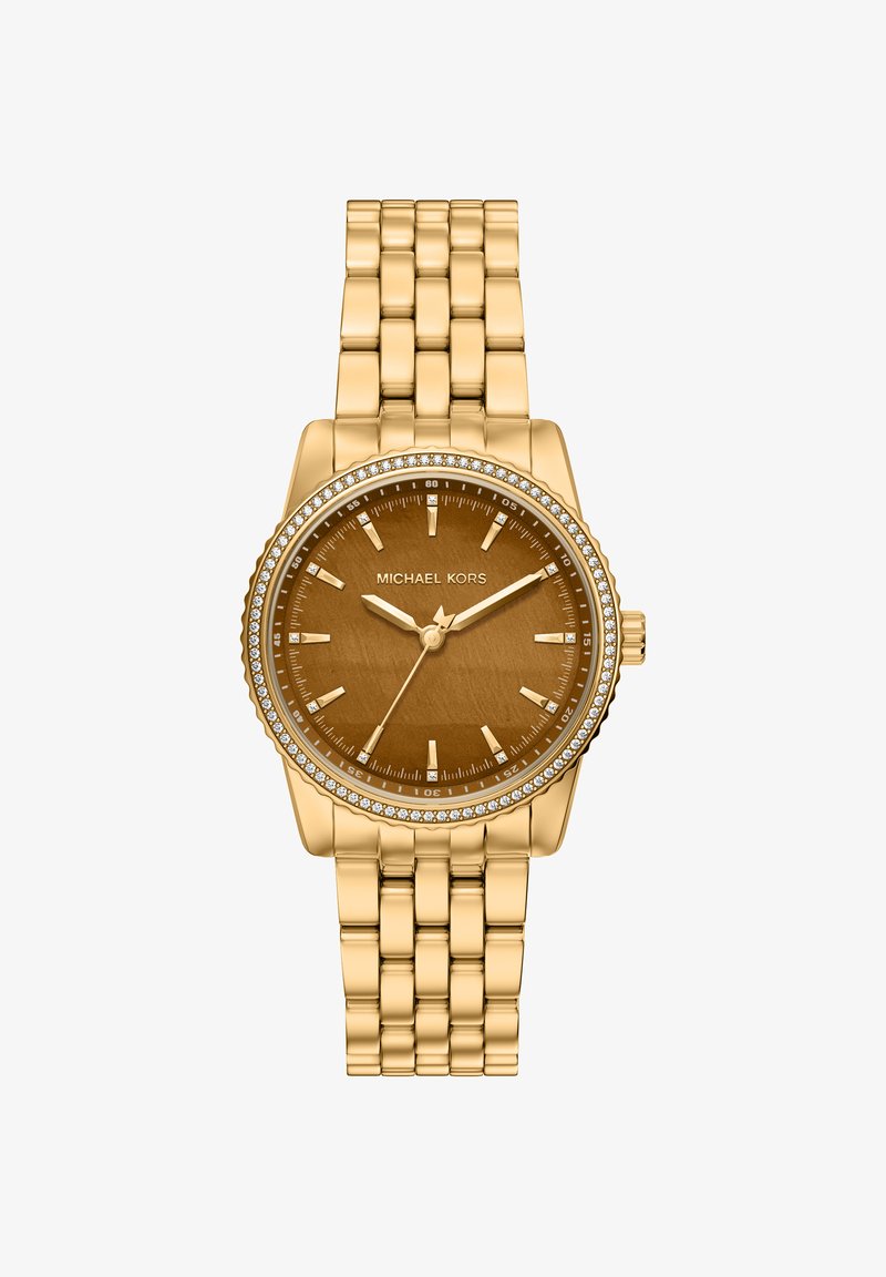 Montre ton or avec un boîtier rond, un cadran marron et une lunette ornée de cristaux. Caractérisée par un bracelet à maillons et des index simples.