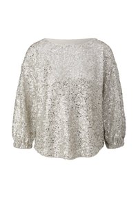 Blouse à manches longues en sequins argentés avec un col rond et des poignets élastiques, conçue pour une coupe ample et scintillante.