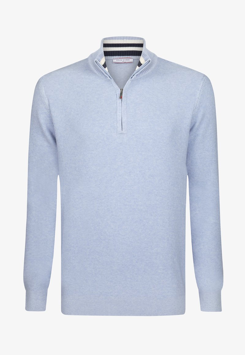 Kергelt sinine poole tõmblukuga pehme särk, mis on valmistatud tekstuuritud kudumifirmast. Omab volditud krae, millel on triibulised aktsendid ja pikad varrukad.