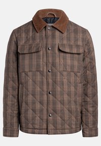 Brunternet quiltet jakke med corduroy-krave, trykknapper og to forlommer.