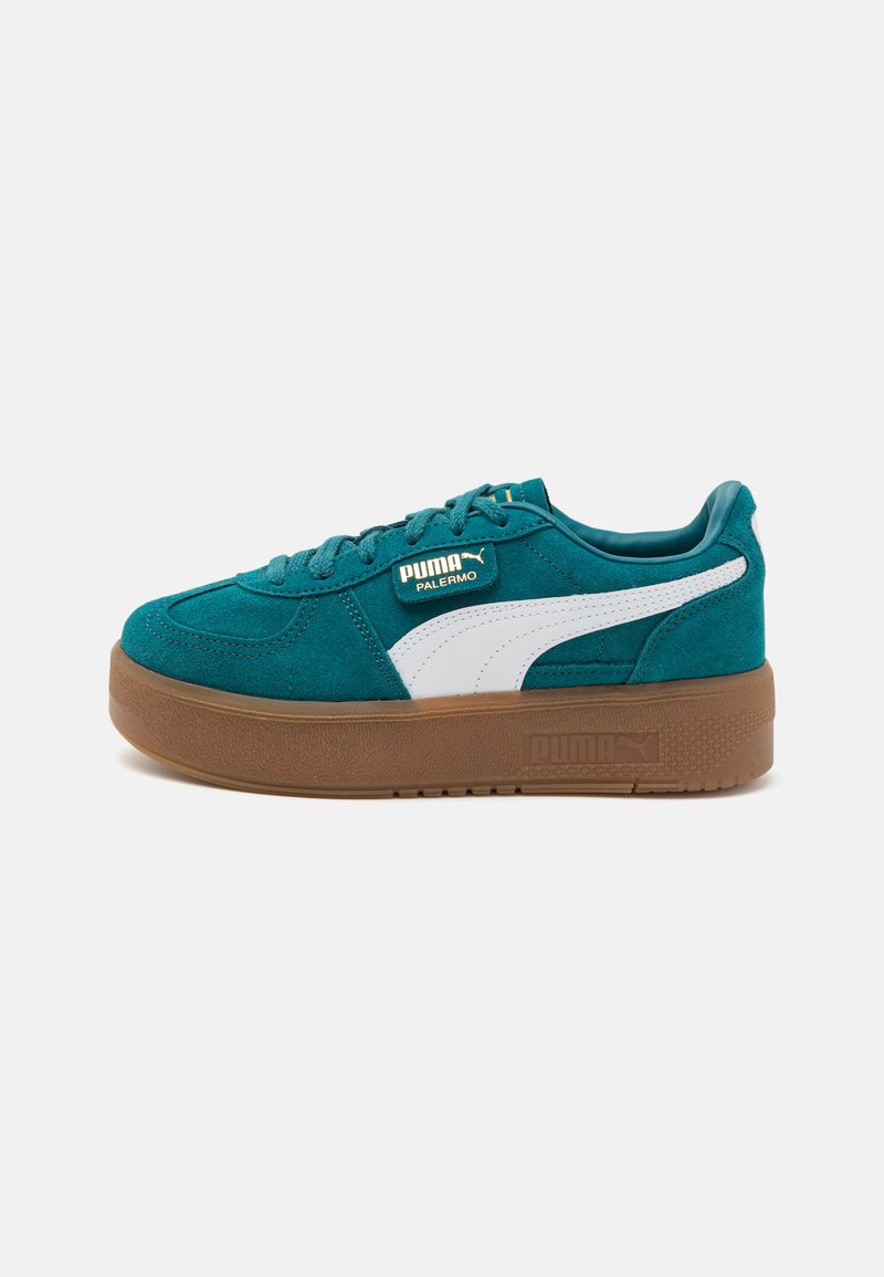 Teal semskinn joggesko med hvit stripe og gullmerke. Har en tykk brun gummisåle og rund tå-design. Snøring.