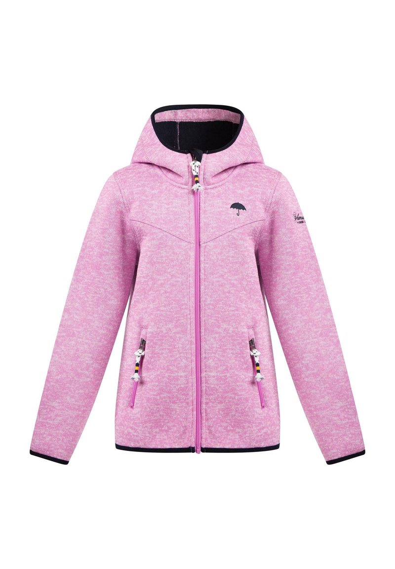 Rosa Fleecejacke mit Reißverschluss und Kapuze. Verfügt über zwei Reißverschlusstaschen, schwarze Akzente und ein kleines Regenschirm-Logo auf der Brust.