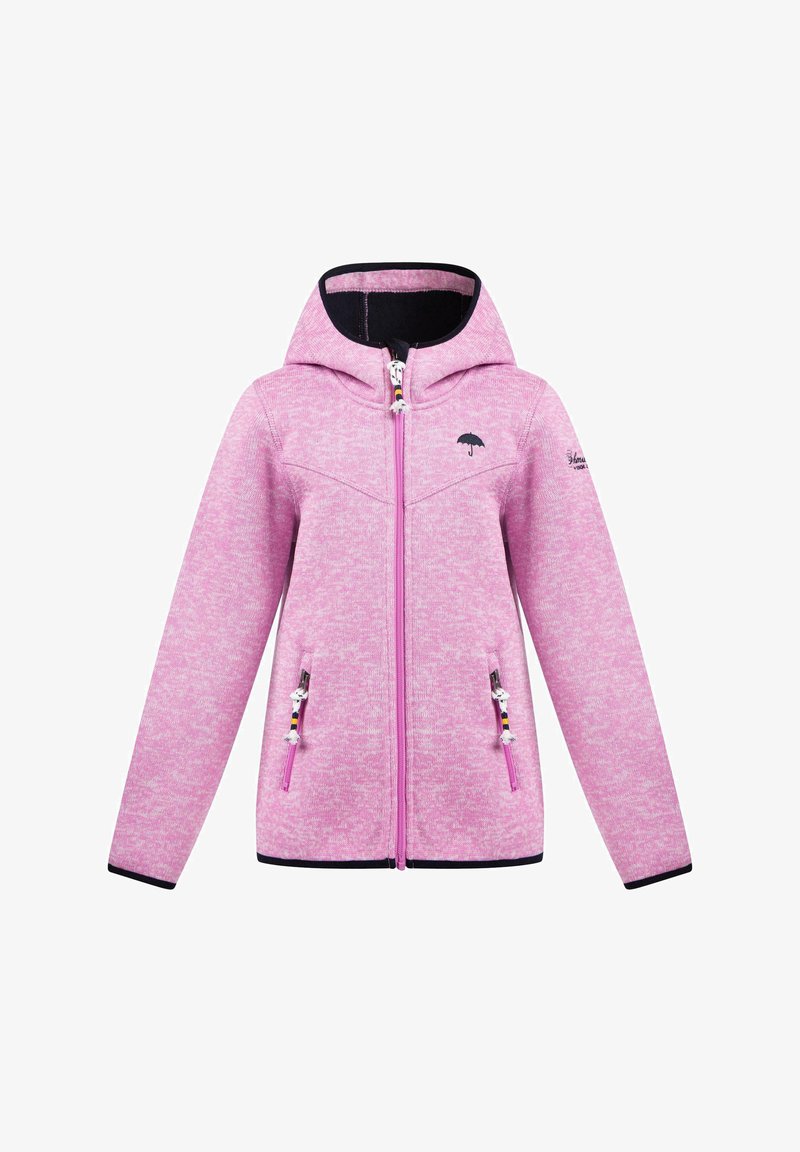 Rosa Fleecejacke mit Reißverschluss und Kapuze. Verfügt über zwei Reißverschlusstaschen, schwarze Akzente und ein kleines Regenschirm-Logo auf der Brust.